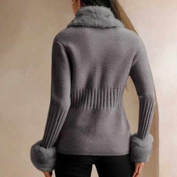 Dark Grey Casual Women's Elegant Faux Fur Knit Cardigan Sweater - Picture 8 of 8